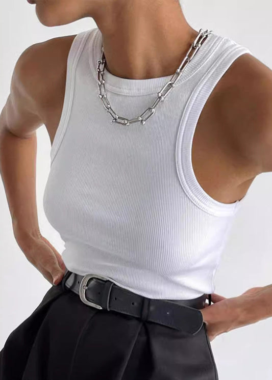 Stylish White O Neck Slim Fit Cotton Tank Tops Sleeveless
