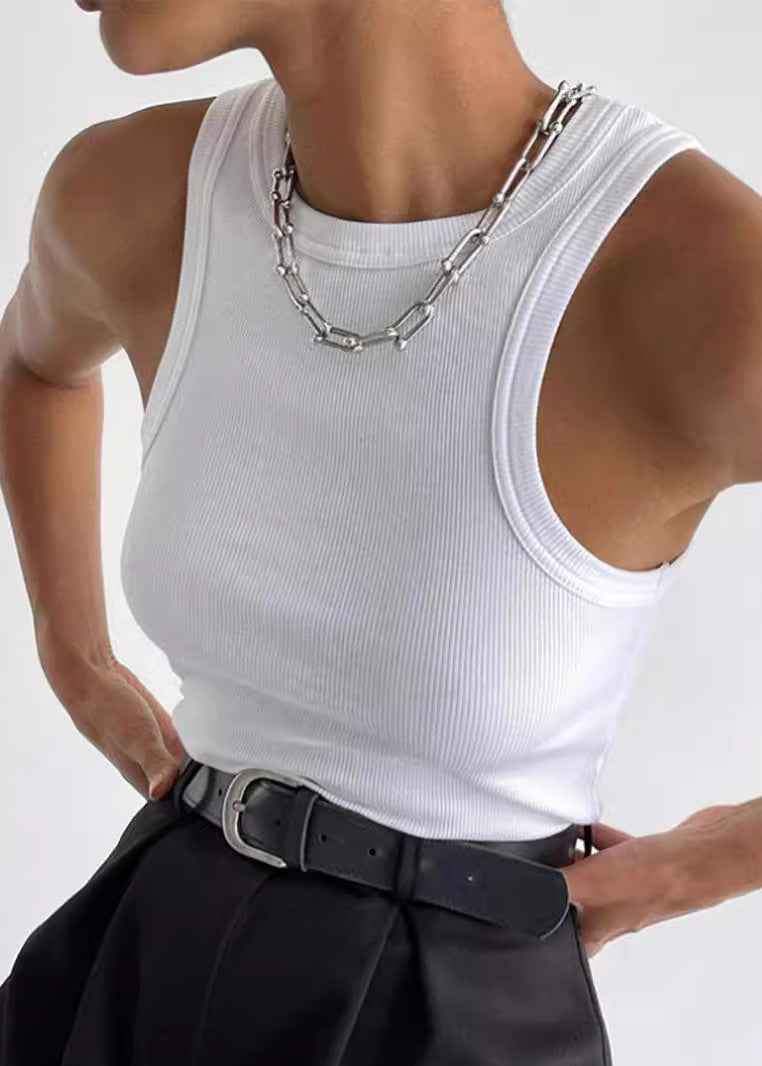 Stylish White O Neck Slim Fit Cotton Tank Tops Sleeveless