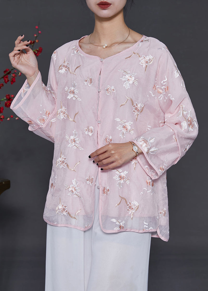 Pink Embroidered Organza Blouses Summer