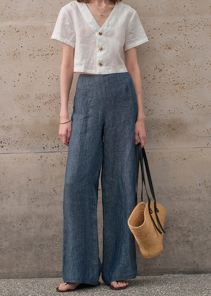 Blue Zippered Versatile Linen Wide Leg Pants Summer