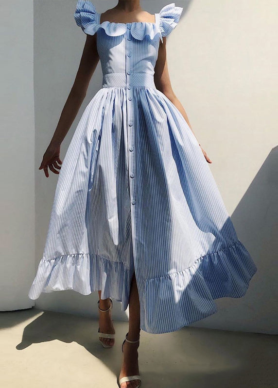 French Blue Striped Button Cotton Dresses Butterfly Sleeve