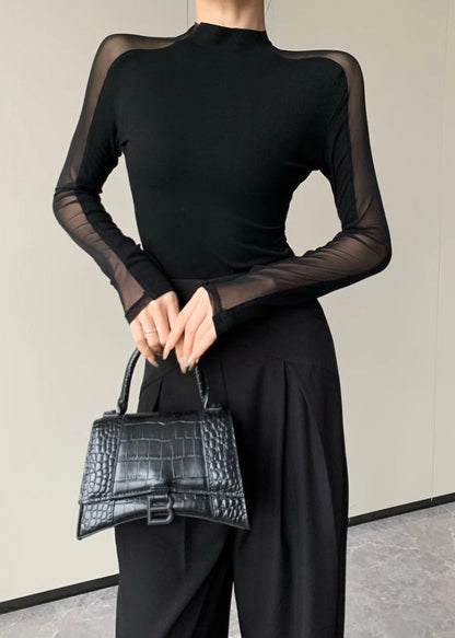 Black Hollow Out Patchwork Silm Fit Tops Spring