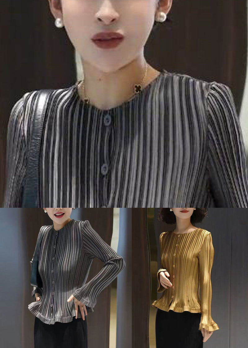 Slim Fit Grey Wrinkled Button Cotton Blouses Fall