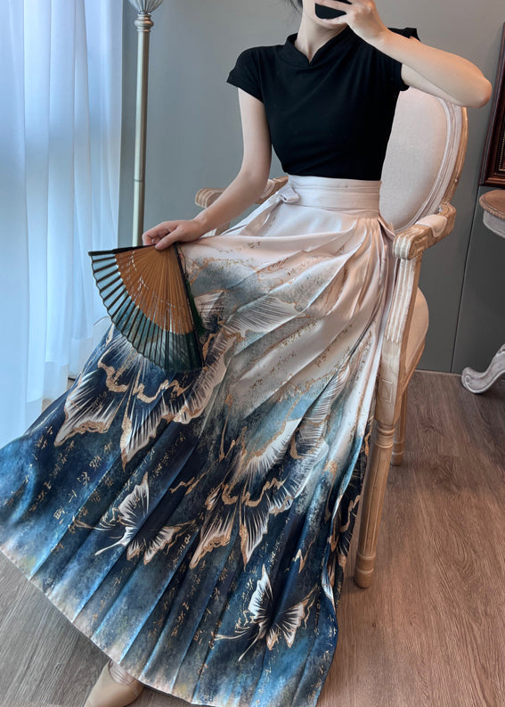 White High Waist Print Satin Pleated Skirts Summer