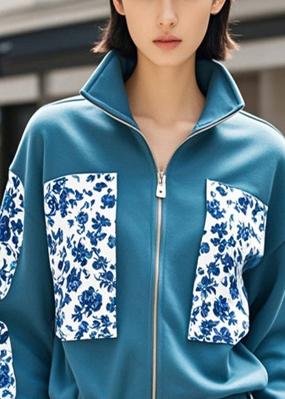 Navy Print Patchwork Cotton Jacket Fall