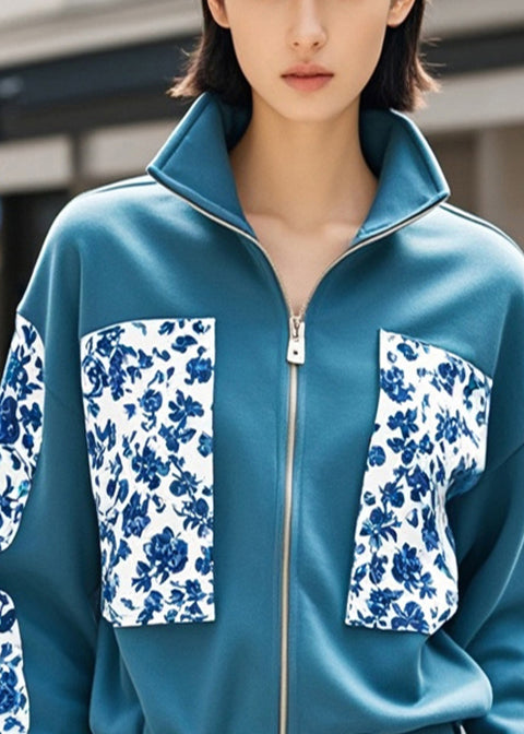 Navy Print Patchwork Cotton Jacket Fall