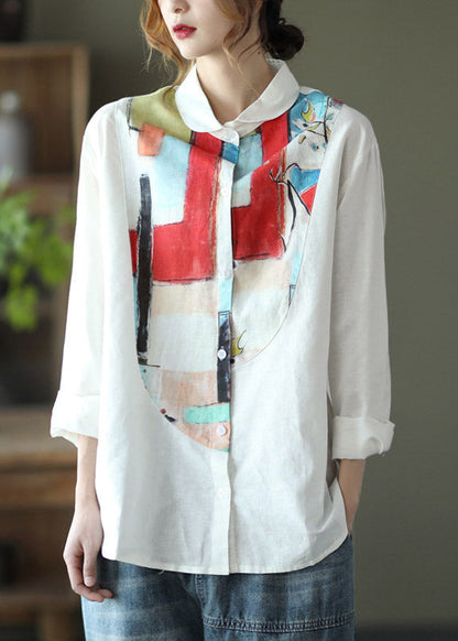 White Peter Pan Collar Print Button Linen Shirt Long Sleeve