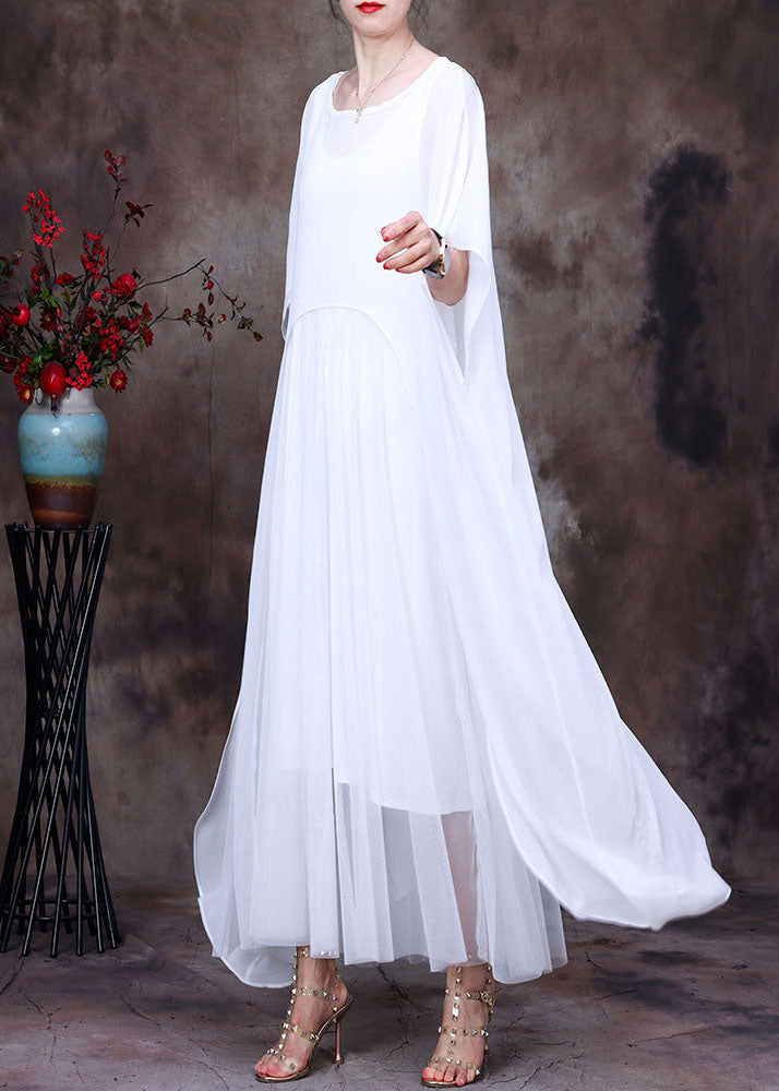 White O-neck Asymmetrical Design Chiffon Cloak Dress Batwing Sleeve