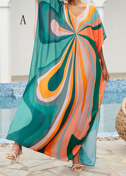 V Neck Print Side Open Cotton Long Dress Summer