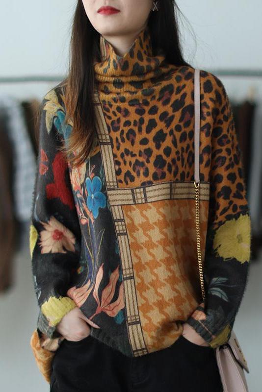 Color Contrast Flower Turtleneck Sweater