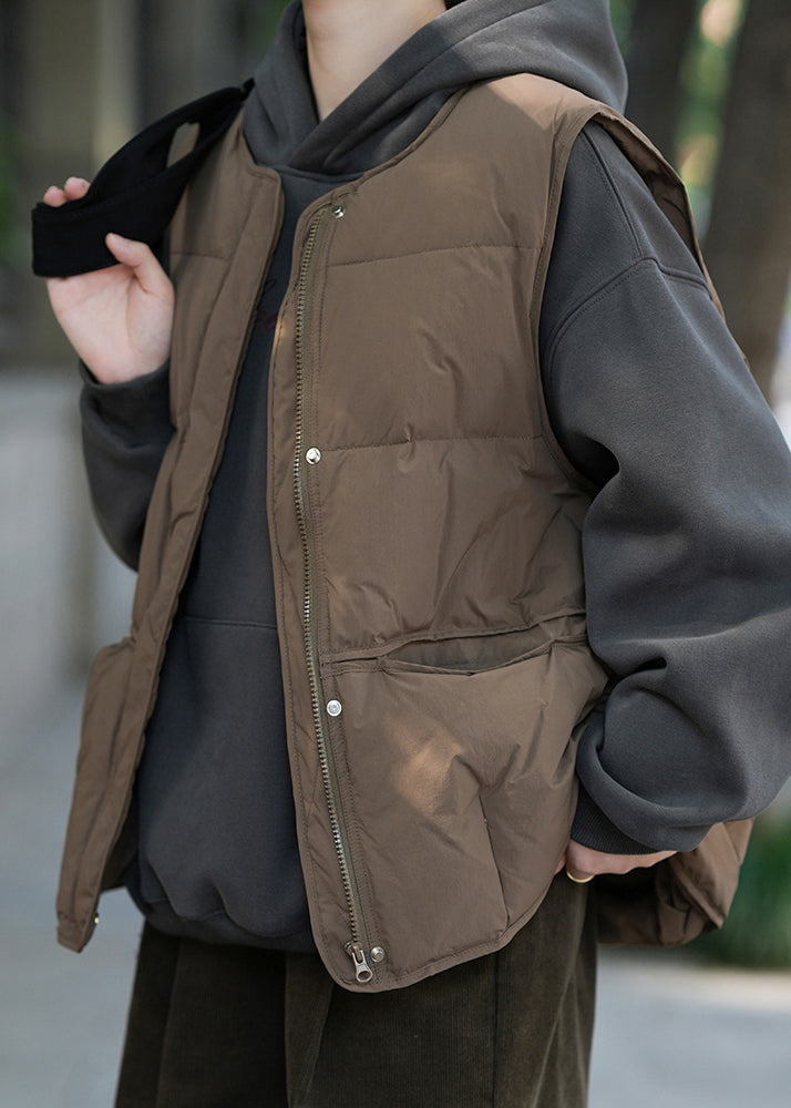 Khaki Green Zip Up Pockets Patchwork Duck Down Vest Sleeveless