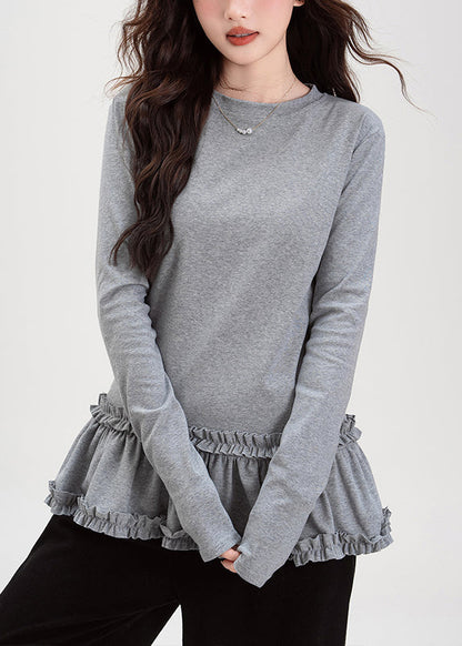 Grey Ruffled Cotton T Shirt Tops O Neck