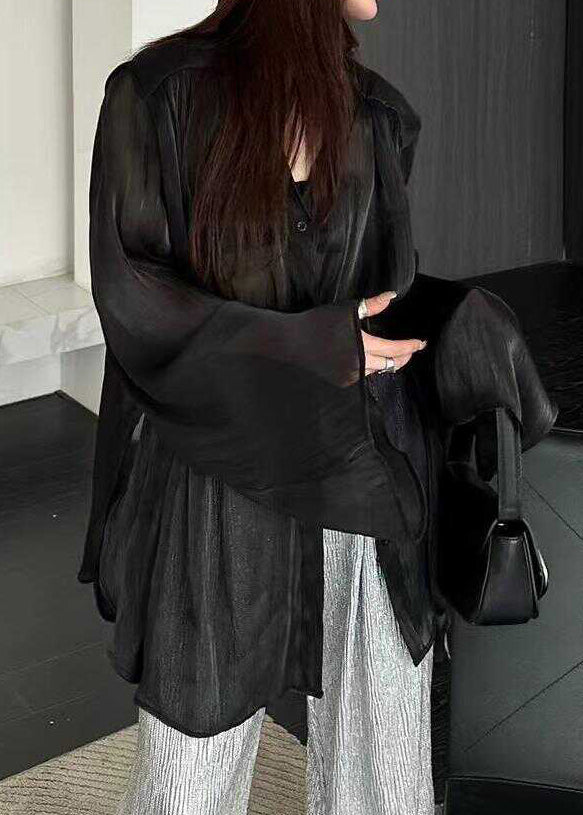 French Black V Neck Button Shirts Tops Long Sleeve