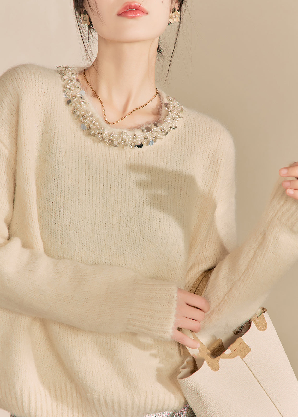 Apricot O Neck Nail Bead Woolen Sweater Tops Fall