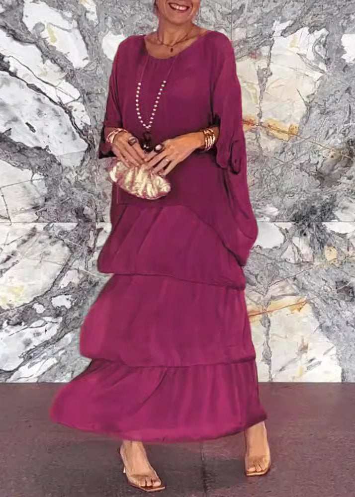 Loose Grey O Neck Chiffon Long Dress Half Sleeve