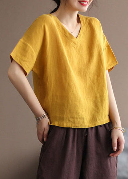 Classy Yellow V Neck Patchwork Linen Tops Short Sleeve
