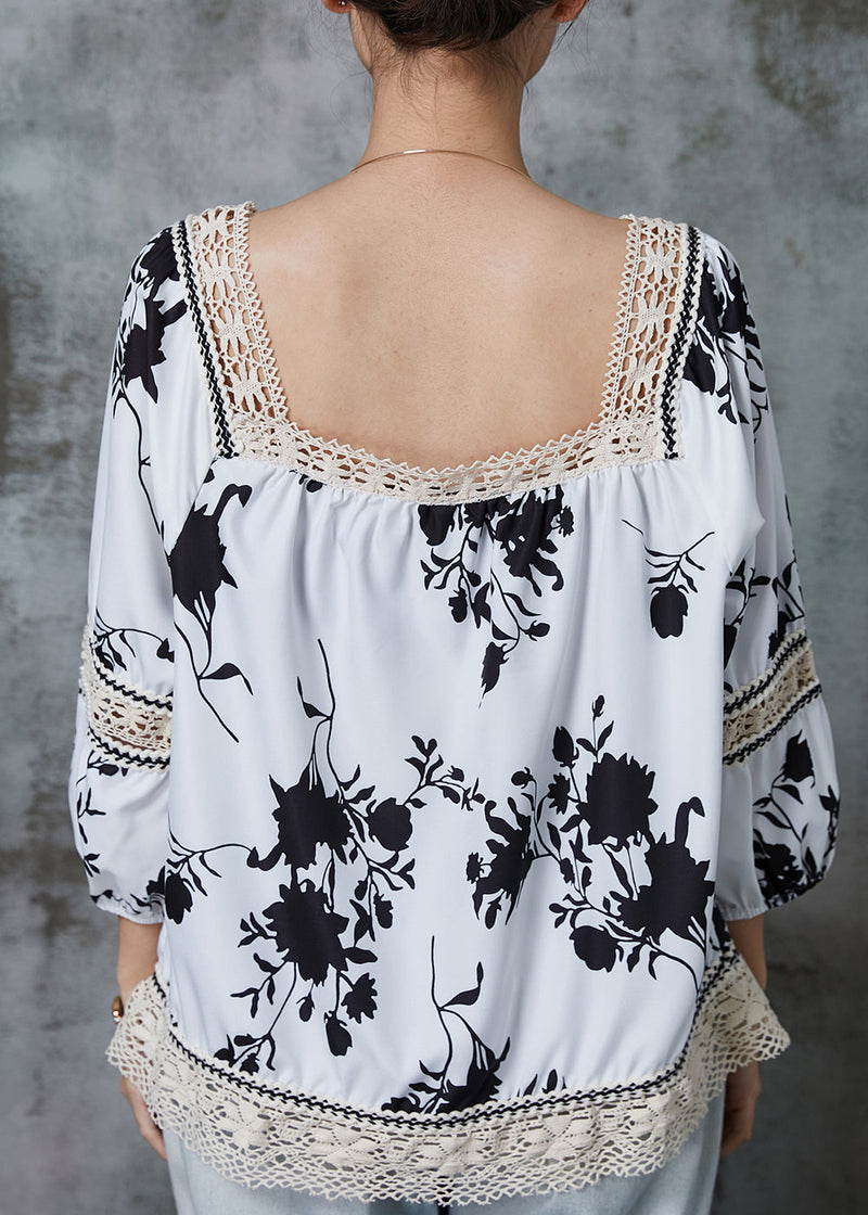 White Print Patchwork Lace Shirts Summer