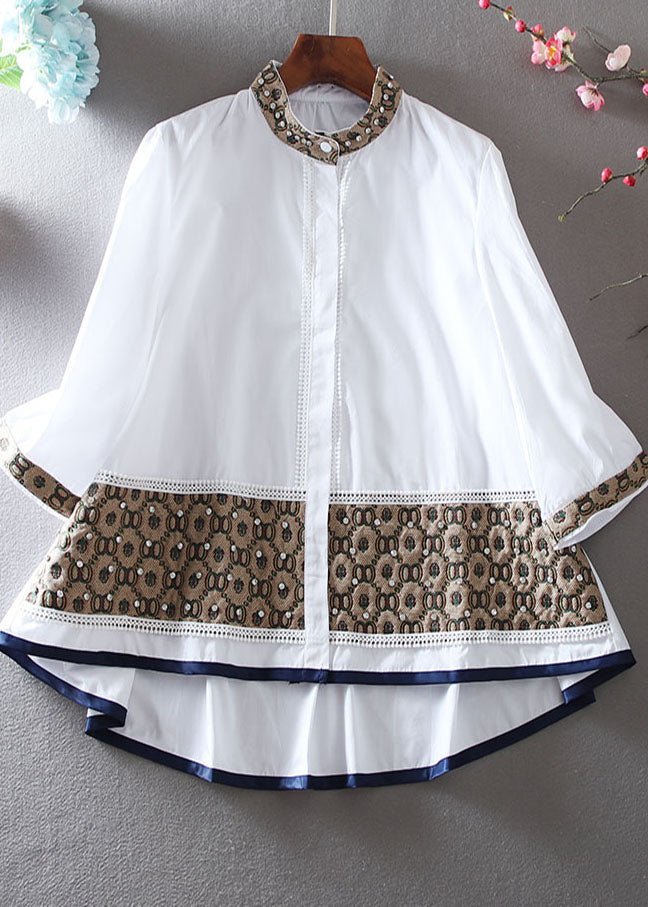White Embroidered Patchwork Zircon a Line Blouse Top Spring
