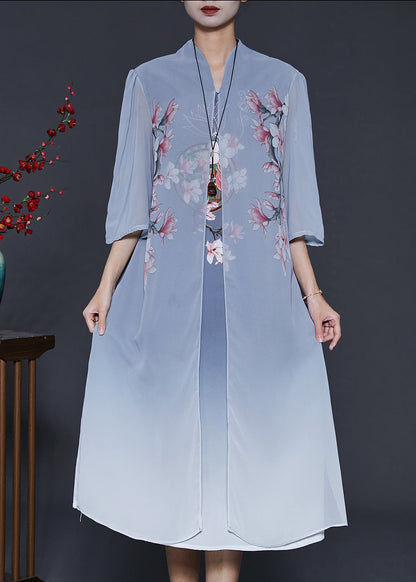 Blue Print Silk Fake Two Piece Dress Summer