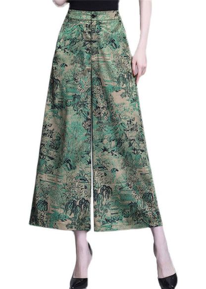 Green High Waist Print Silk Wide Leg Pants Summer
