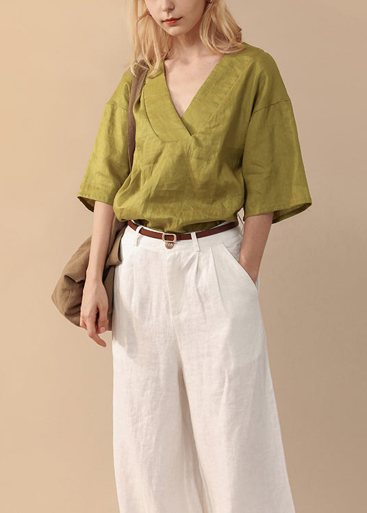 Simple Style Green V Neck Linen T Shirts Summer