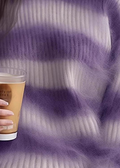 Purple O Neck Striped Cozy Knit Sweater Winter