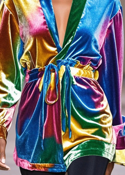 Gradient Color Cinched Silk Velour Blouse Tops Fall