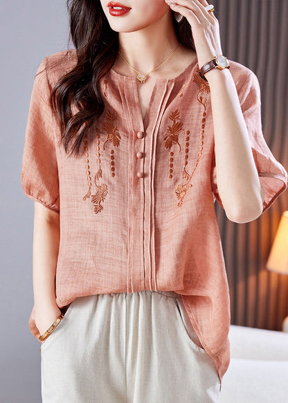Style Pink Embroidered Linen Shirt Top Summer