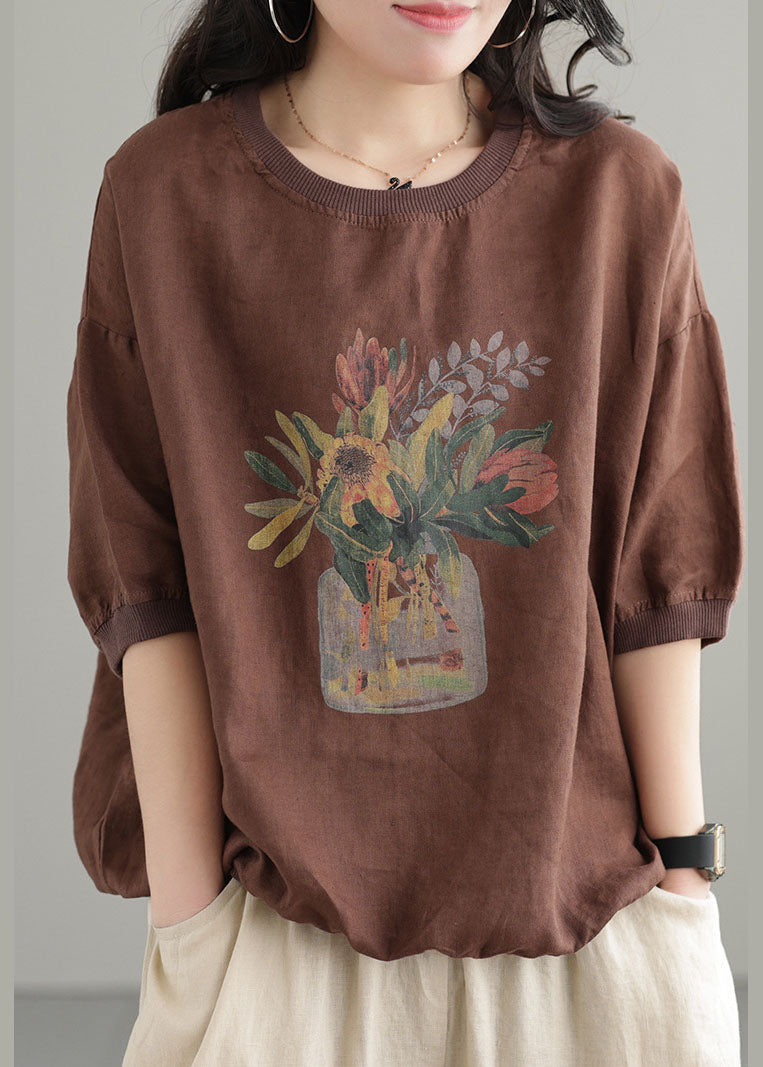 Chocolate Print Linen Tank Tops O-neck Oversized Short Sleeve