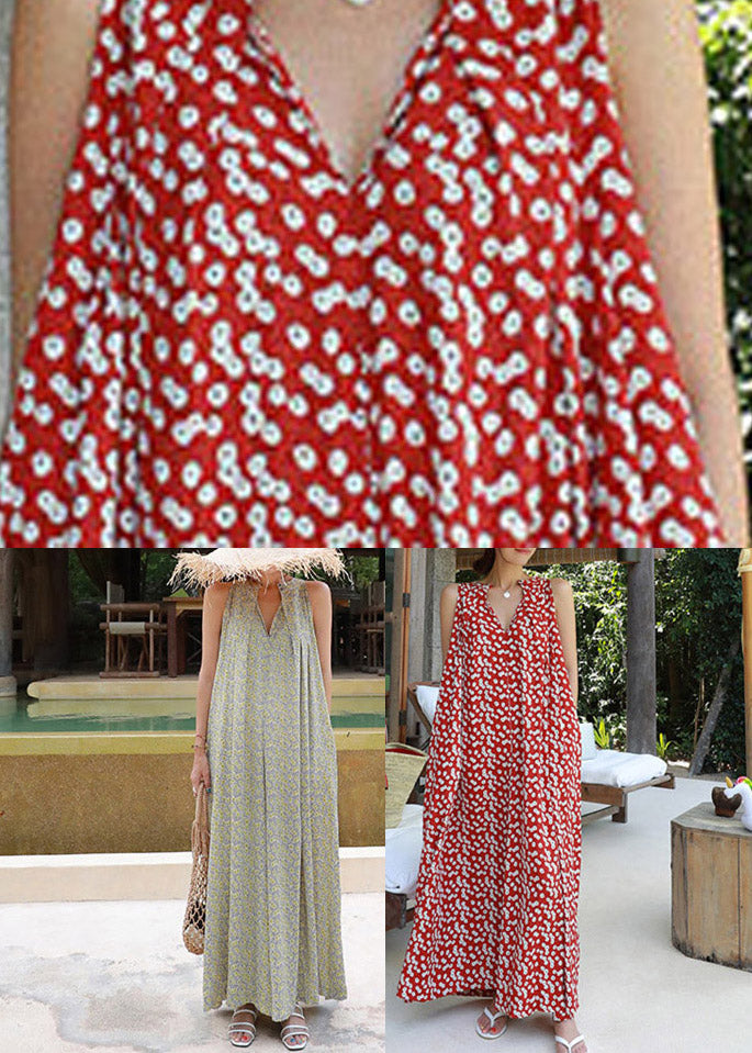 Red Colour O-neck Print Pockets Chiffon Jumpsuits Pants Summer