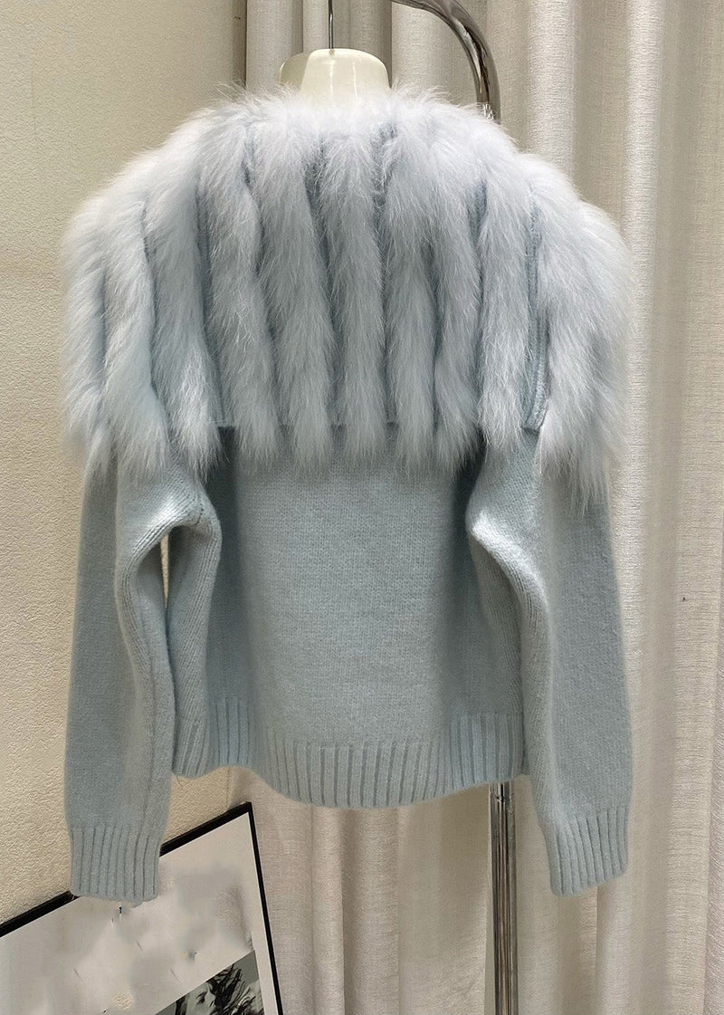 Light Blue Sailor Collar Patchwork Cotton Knit Cardigans Winter
