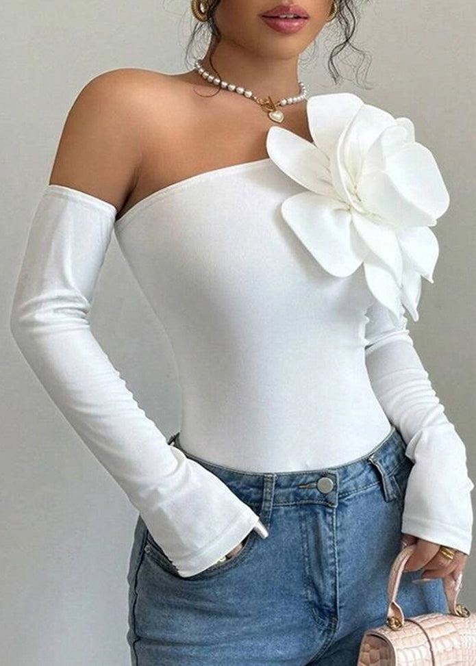 French White Cold Shoulder Cotton Top Long Sleeve
