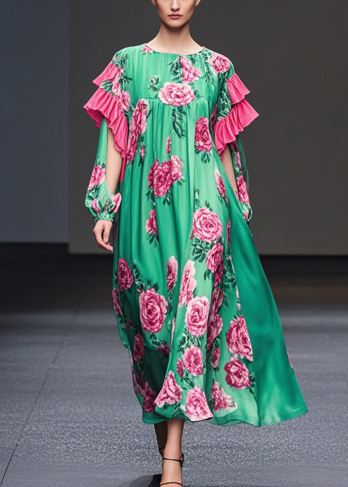 Green Print Ruffles Silk Velvet Dresses Fall