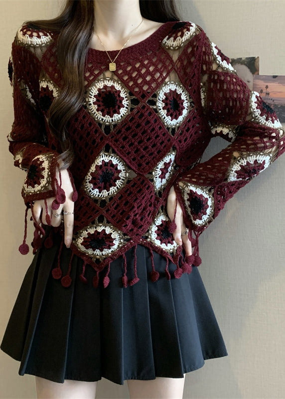 Red Patchwork Knit Top Flare Sleeve
