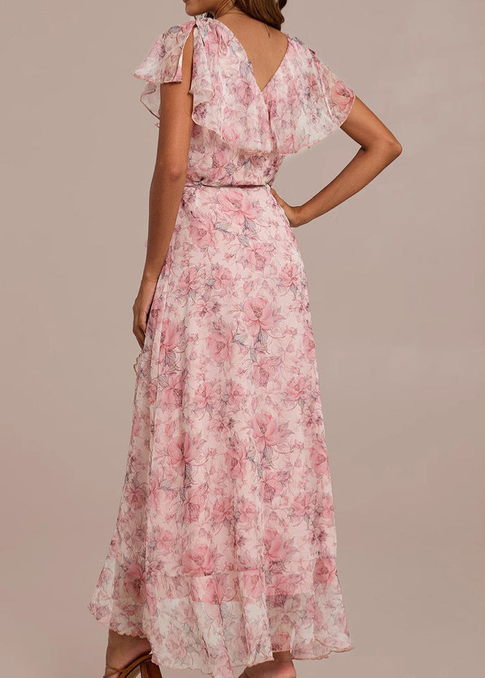 Pink V Neck Print Lace Up Chiffon Long Dresses Summer