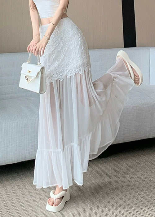 White Wrinkled Lace Patchwork Tulle Summer Skirt High Waist