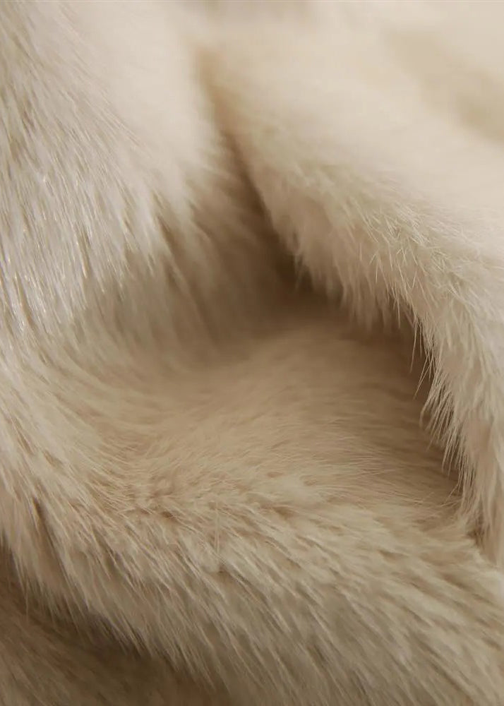 Beige V Neck Mink Hair Coats Long Sleeve