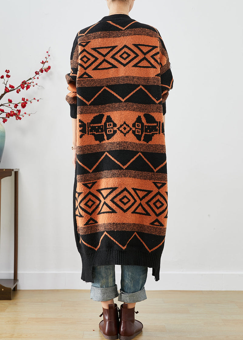 Orange Oversized Print Knit Cardigans Fall