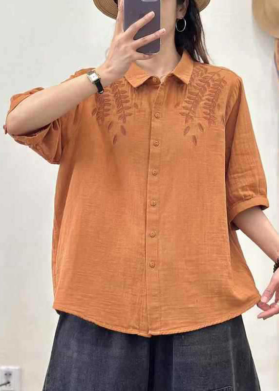 Orange Embroidered Cotton Blouse Top Summer