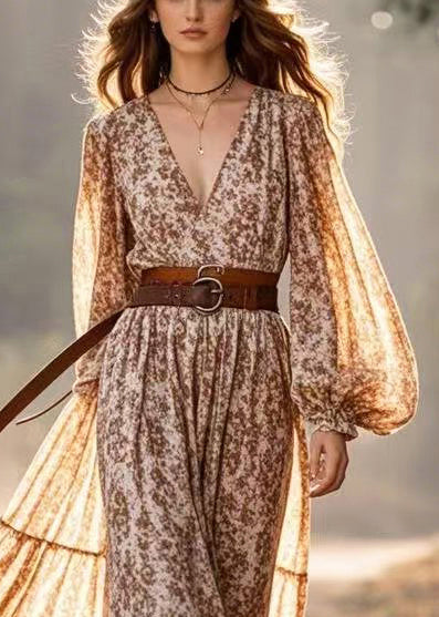 Khaki Cinched Print Cotton Vacation Dresses Lantern Sleeve