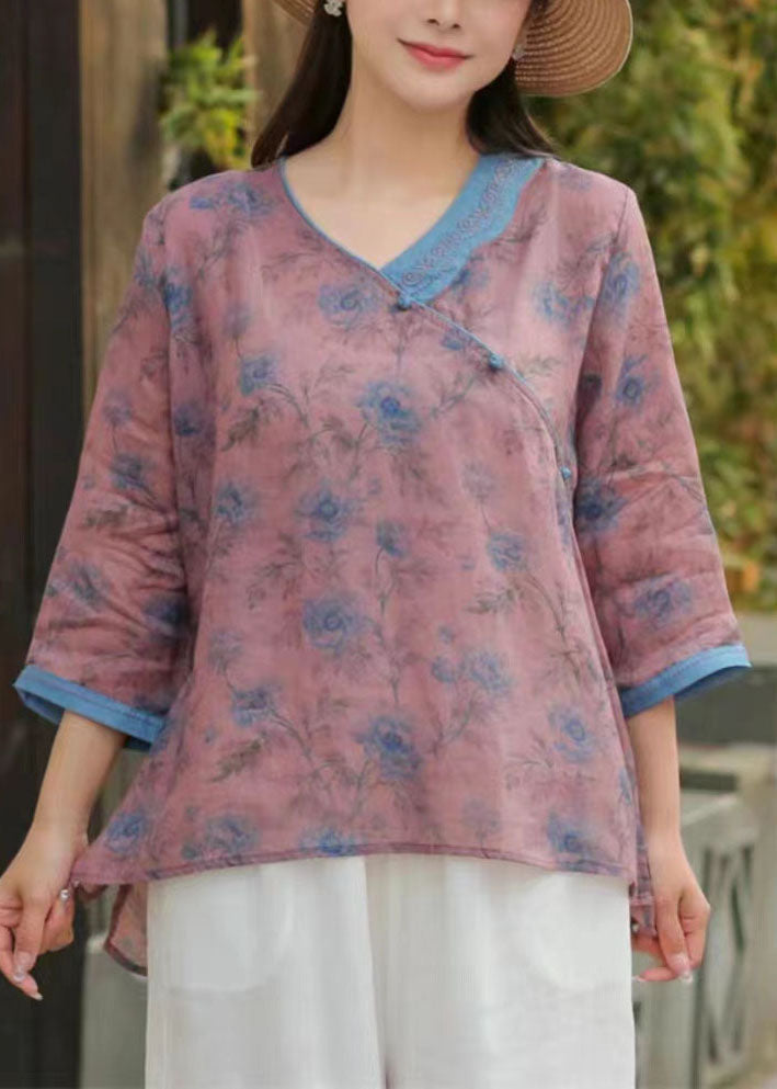 Brown Chinese Button Print Patchwork Linen Top Bracelet Sleeved