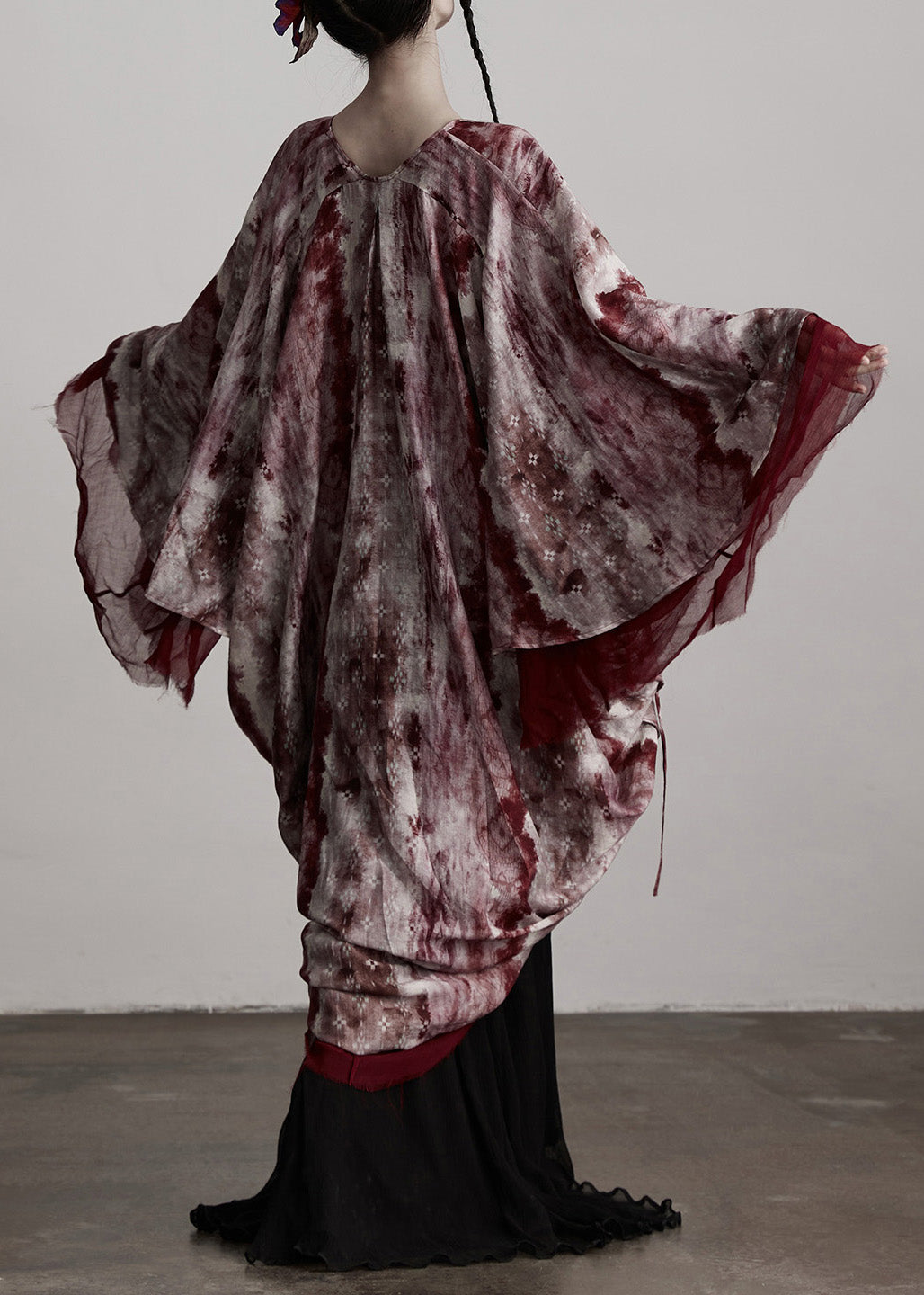 Red V Neck Asymmetrical Design Silk Cardigan Batwing Sleeve
