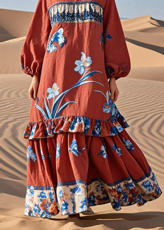 Red Ruffled Patchwork Print Cotton Holiday Dress Fall