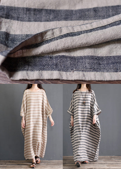Grey O Neck Striped Pockets Patchwork Cotton Long Dresses Spring
