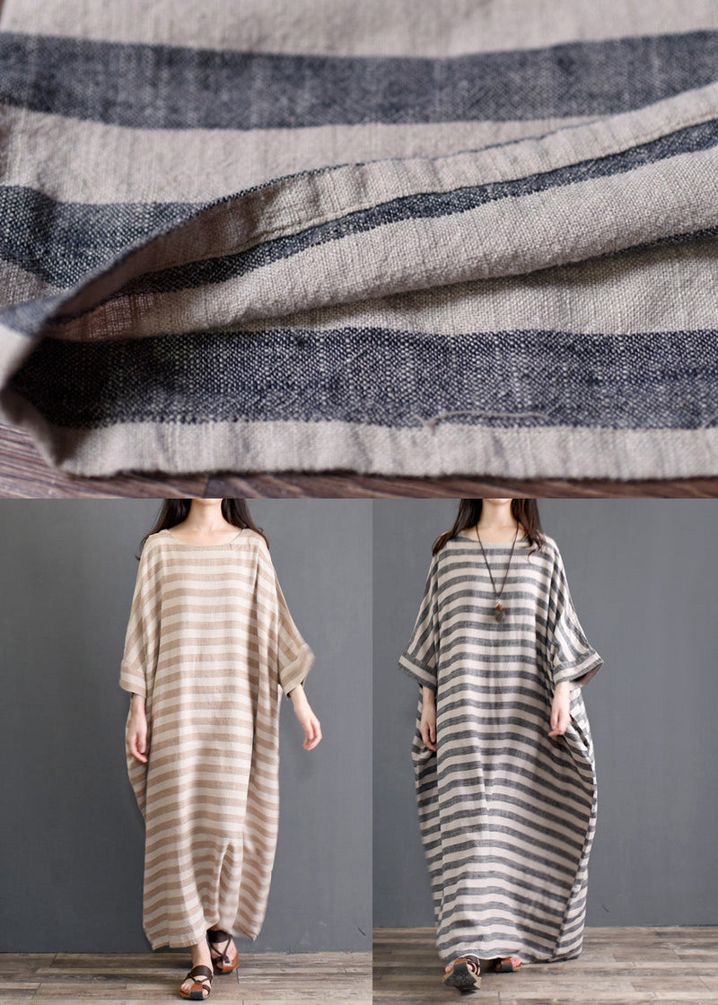 Grey O Neck Striped Pockets Patchwork Cotton Long Dresses Spring