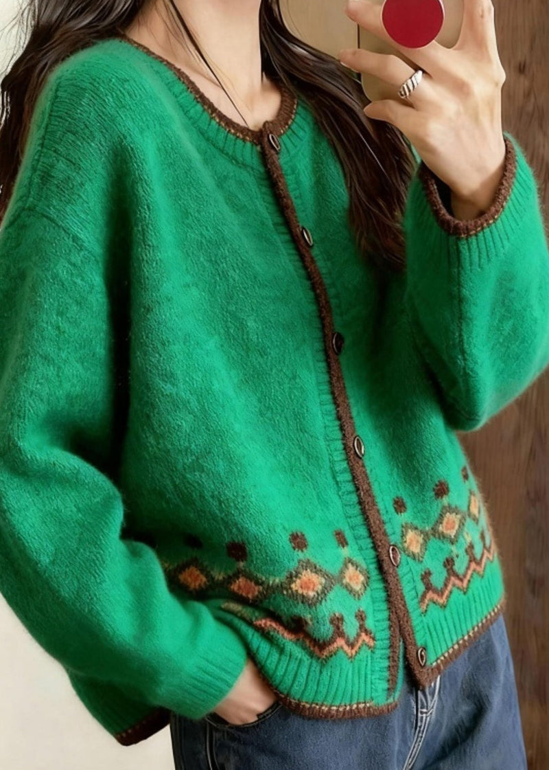 Stylish Green O-neck Print Button Cotton Knit Cardigan Fall