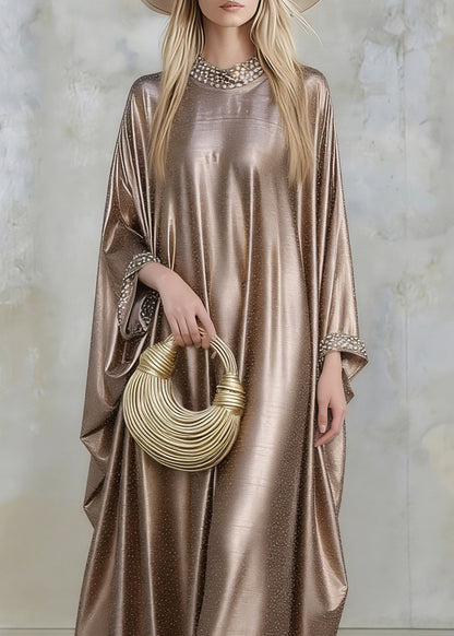 Gold Silk Maxi Dresses Flare Sleeve