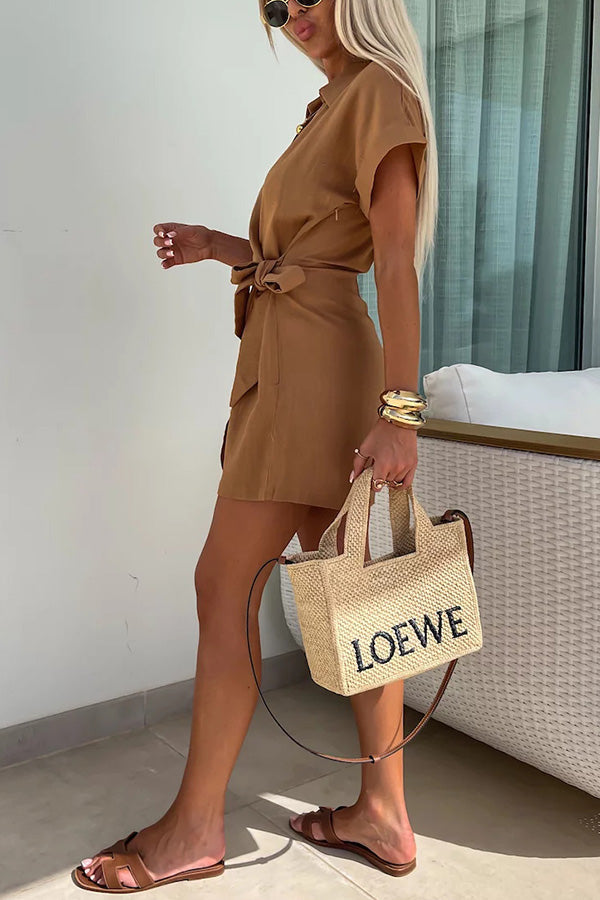 Relaxing Beach Linen Blend Color Wrap Loose Shirt Romper