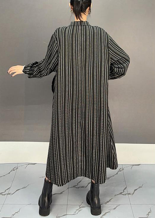 Black Zippered Striped Cotton Long Dress Fall