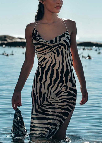 French Striped Print Side Open Cotton Spaghetti Strap Dress Sleeveless